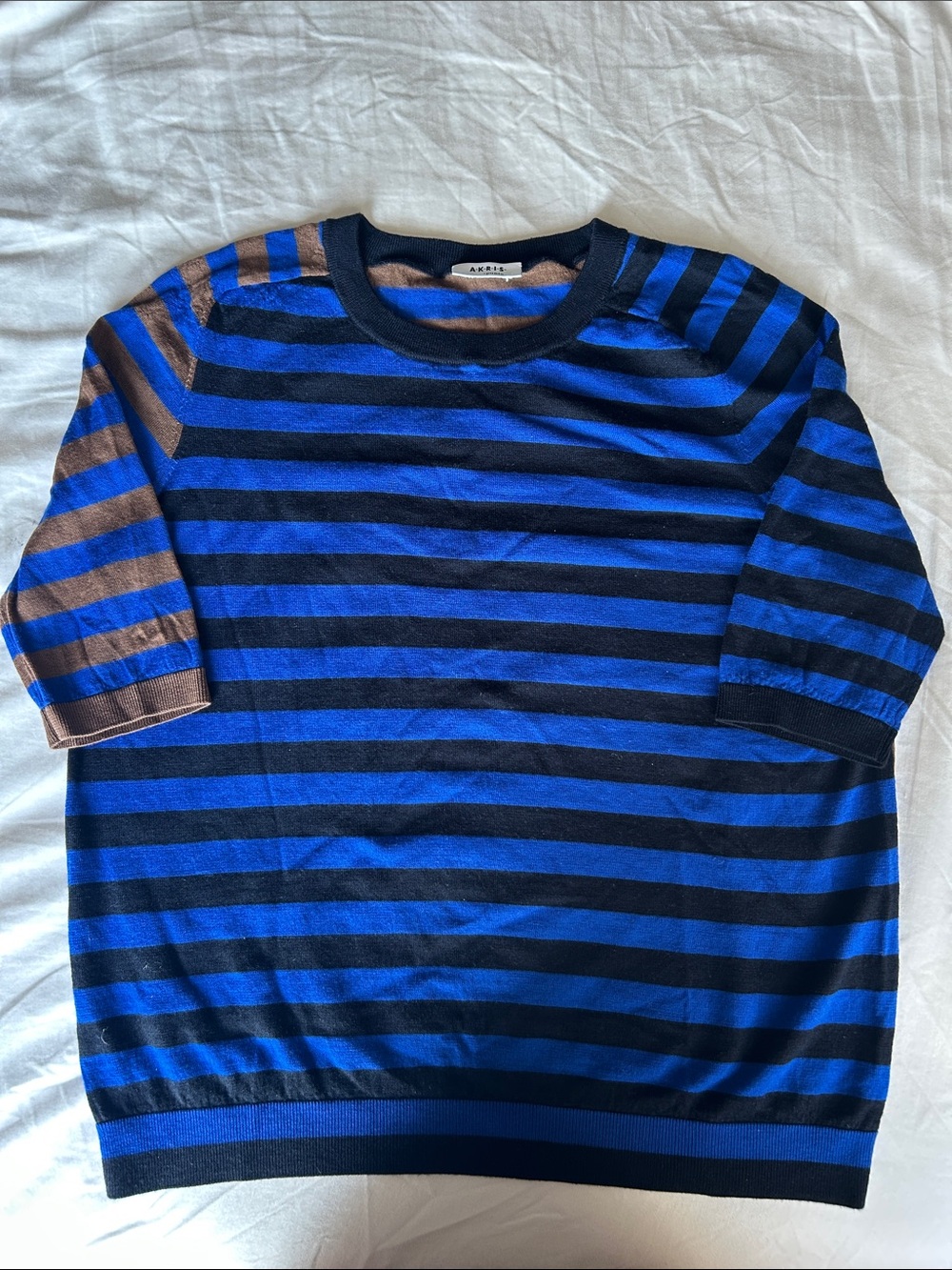Akris Punto Blue and Black Striped Crewneck Sweater 100% Wool